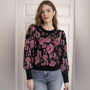 Saltwater Luxe Floral Print Long Sleeve Puff Sleeve Sweater; Flower Sweater